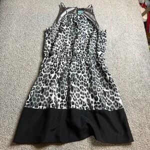 EXPRESS dress womens large black Leopard‎ Print Halter Neck fit flare mini party